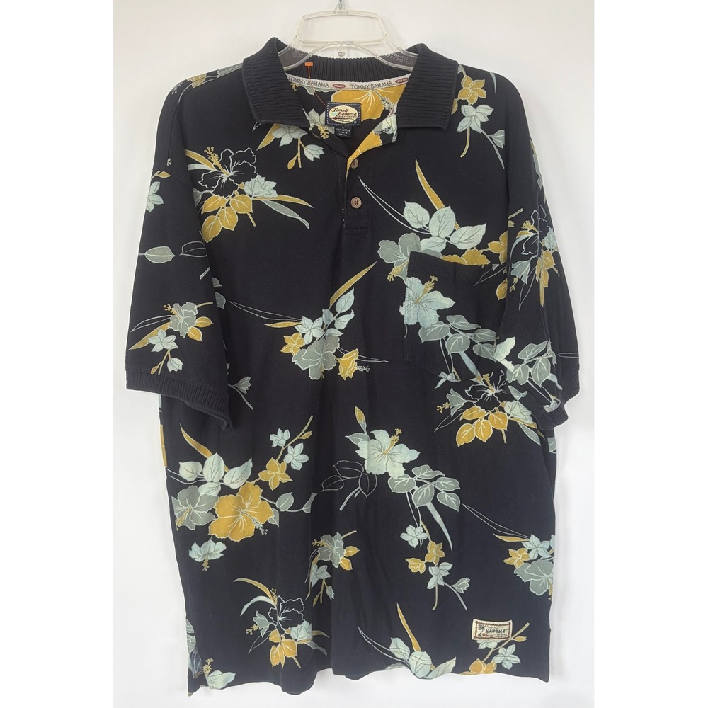 Tommy Bahama Mens XL Black Floral Hibiscus Print‎ Cotton Polo Shirt Short Sleeve